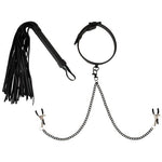 Vegan Fetish Neck Collar with Nipple Clamps and Whip